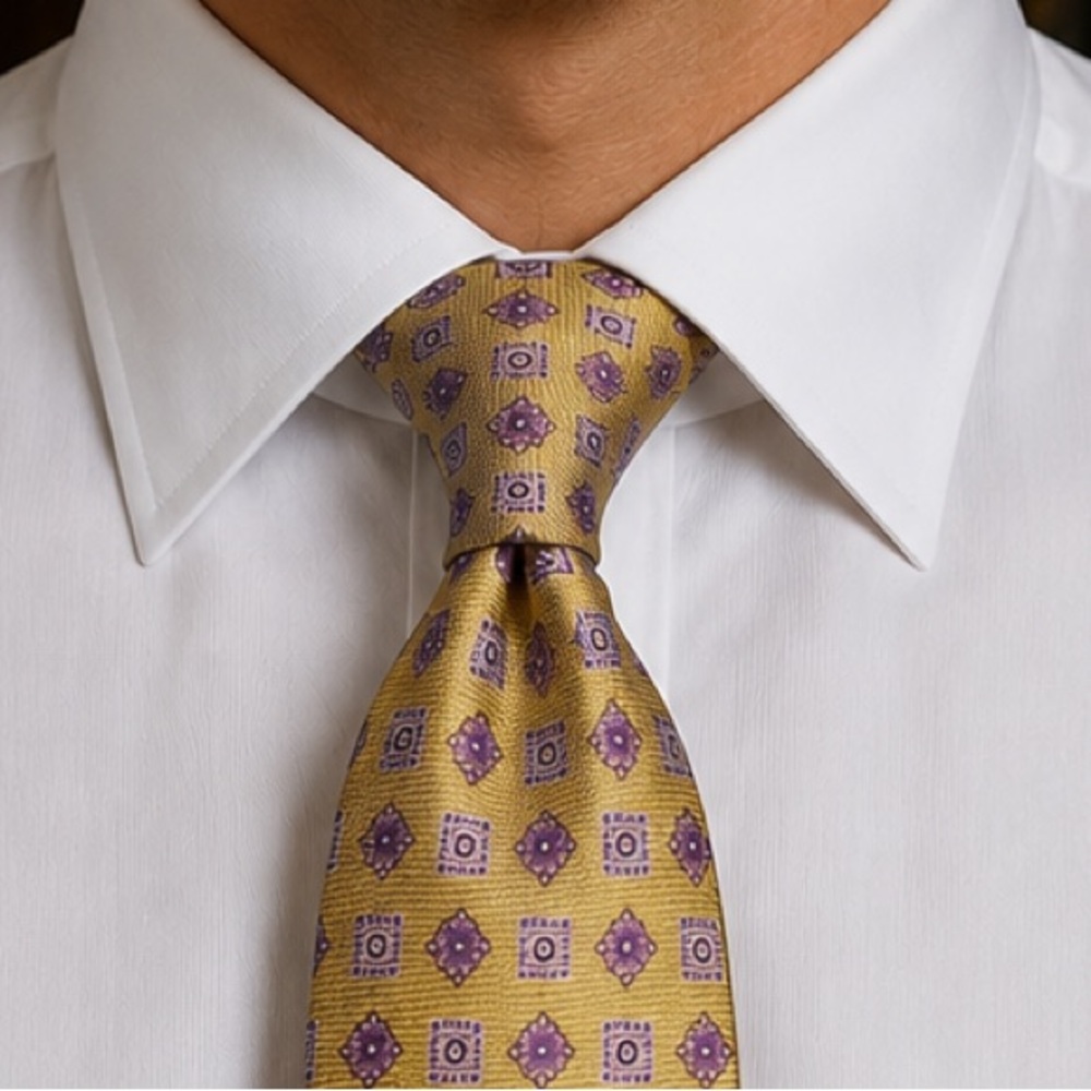 Kiton Yellow Tie with Purple Medallion Pattern